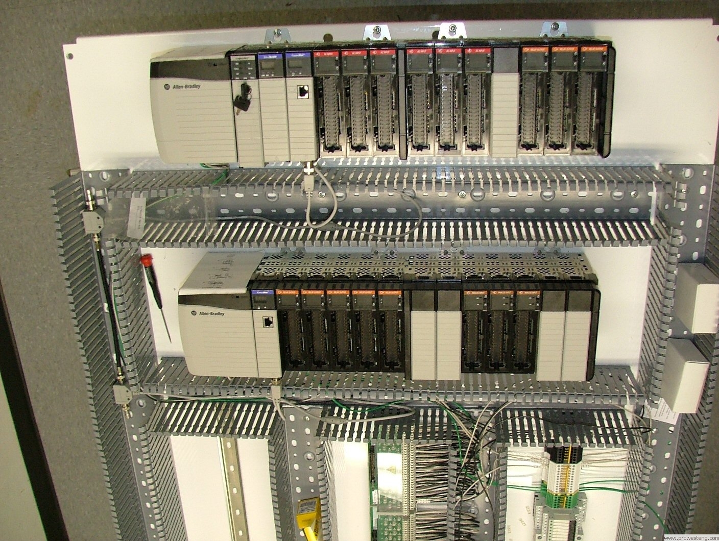 Allen Bradley ControlLogix PLC with wiring interface modules.